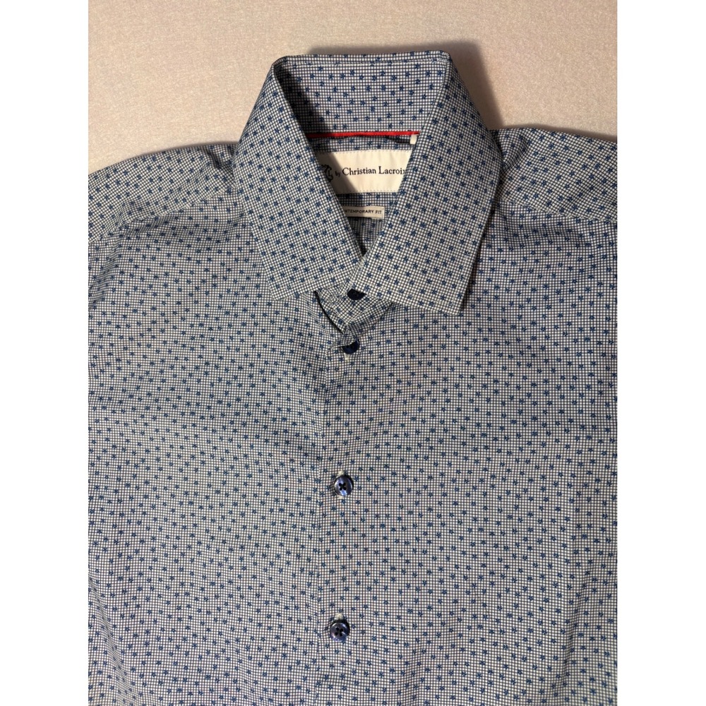 CXL Christian Lacroix Mens Contemporary Fit Blue Geometric Dress Shirt Sz S 14.5